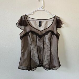 Women's Sheer Mesh Embroidered Brown Ruffle Lace Blouse 8